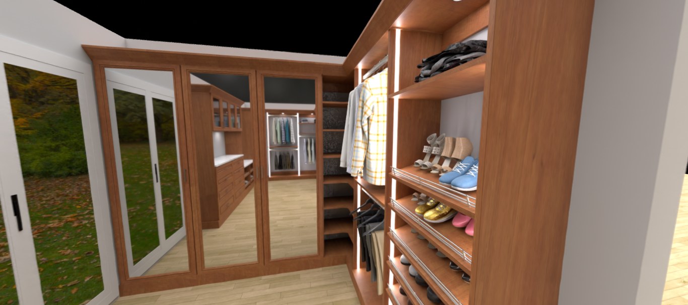 3D rendering of a custom walk-in closet